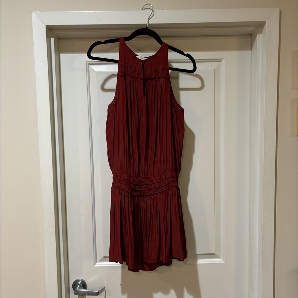 Brick Red Mini Dress Elastic Waistband